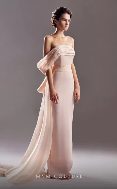 Mnm Couture G1520 Fitted Ruched Bow Long Formal Dress In Pink