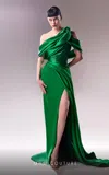 Mnm Couture G1603 Long Evening Pleated Slit Formal Dress In Green