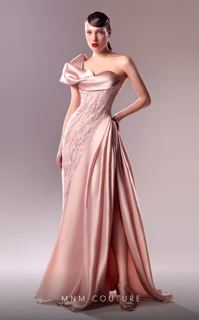 Mnm Couture G1631 Long A Line Beaded Lace Formal Prom Dress In Pink