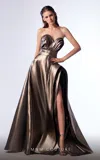 Mnm Couture G1702 A Line Long Formal Metallic Evening Prom Dress In Brown