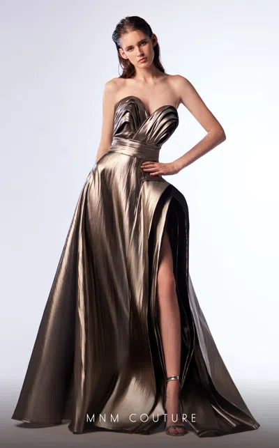 Mnm Couture G1702 A Line Long Formal Metallic Evening Prom Dress In Brown