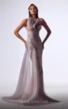 Mnm Couture G1714 Pleated Long Formal Overskirt Fitted Dress In Silver