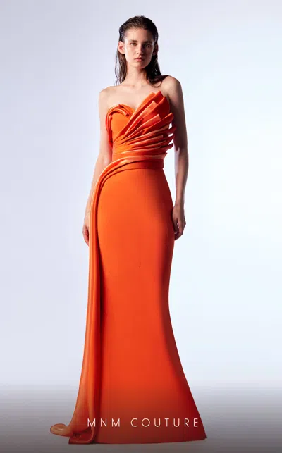 Mnm Couture G1719 Fitted Formal Long Evening Pleated Prom Dress In Orange