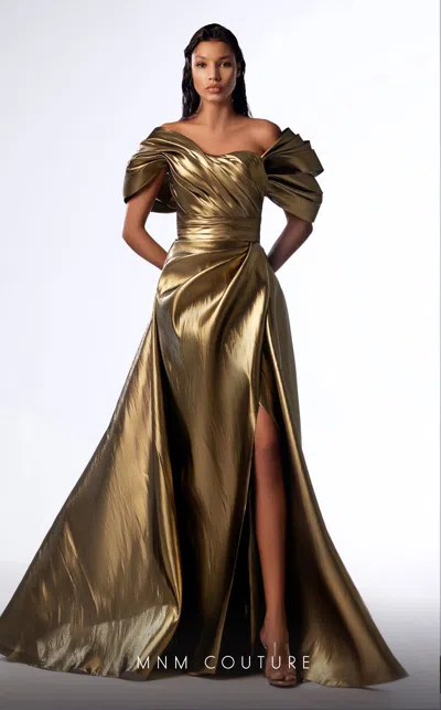 Mnm Couture G1726 Long Mermaid Metallic Overskirt Formal Dress In Gold