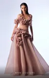 Mnm Couture G1737 Pleated Long Formal Floral Feather Prom Dress In Neutral