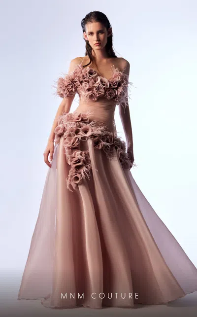 Mnm Couture G1737 Pleated Long Formal Floral Feather Prom Dress In Neutral