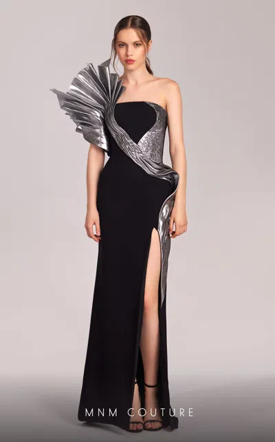 Mnm Couture G1805 Pleated Long Formal Fitted Metallic Prom Dress In Black