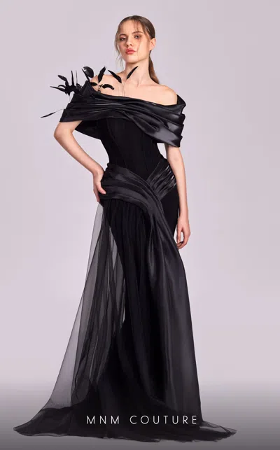 Mnm Couture G1806 Long Formal Overskirt Feather Evening Dress In Black
