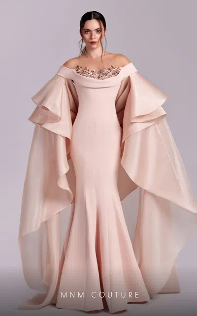 Mnm Couture G1814 Mermaid Formal Long Evening Ruffled Cape Dress In Pink