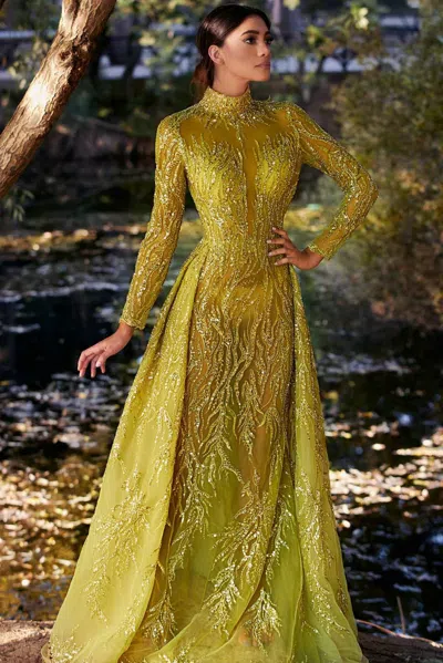 Mnm Couture High-neck Sleeved Gown In Green