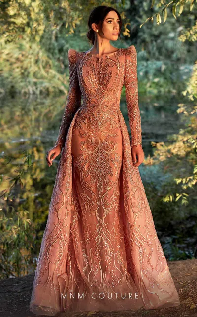 Mnm Couture K3917 Long Beaded Fitted Overskirt Formal Evening Dress In Pink