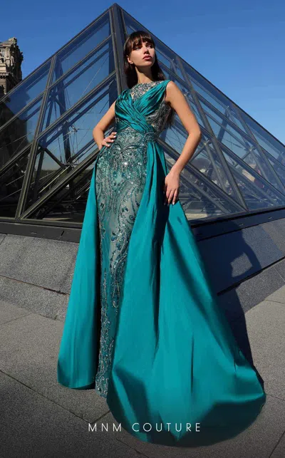 Mnm Couture K4007 Long Mermaid Beaded Ruched Formal Evening Dress In Blue