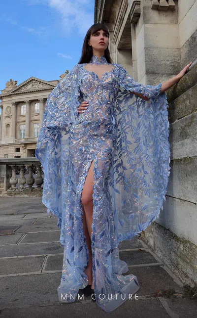 Mnm Couture K4012 Long Beaded Slit Formal Evening Dress In Blue
