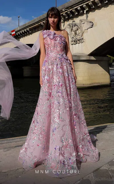 Mnm Couture K4020 Long Floral A Line Sequin Formal Evening Dress In Pink