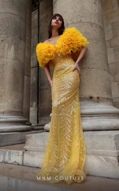 Mnm Couture K4031 Fitted Long Formal Ruffle Sequin Evening Dress In Yellow