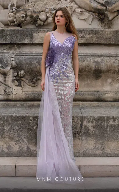 Mnm Couture K4056 Long Slit Sequin Glitter Formal Evening Dress In Purple