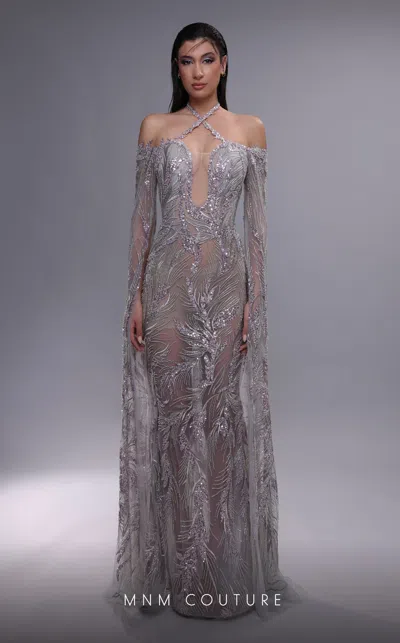 Mnm Couture K4090 Long Formal Beaded Evening Dress In Silver