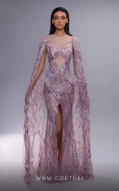 Mnm Couture K4091 Beaded Long Formal Evening Cape Sleeve Dress In Purple