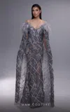 Mnm Couture K4097 Beaded Long Formal Cape Sleeve Evening Dress In Gray