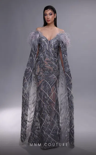 Mnm Couture K4097 Beaded Long Formal Cape Sleeve Evening Dress In Gray
