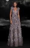 Mnm Couture K4106 A Line Long Beaded 3d Floral Applique Formal Dress In Gray