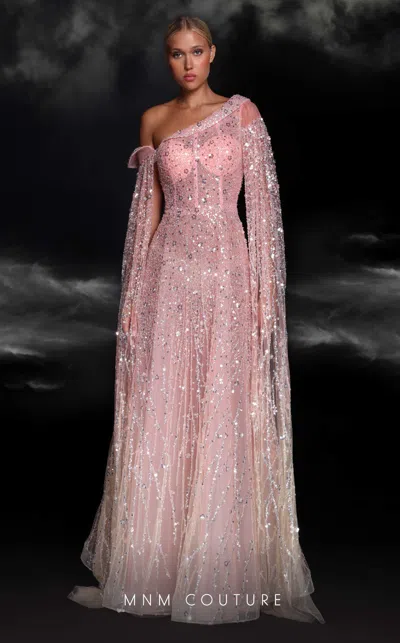 Mnm Couture K4107 A Line Long Formal Cape Sleeve Evening Dress In Pink
