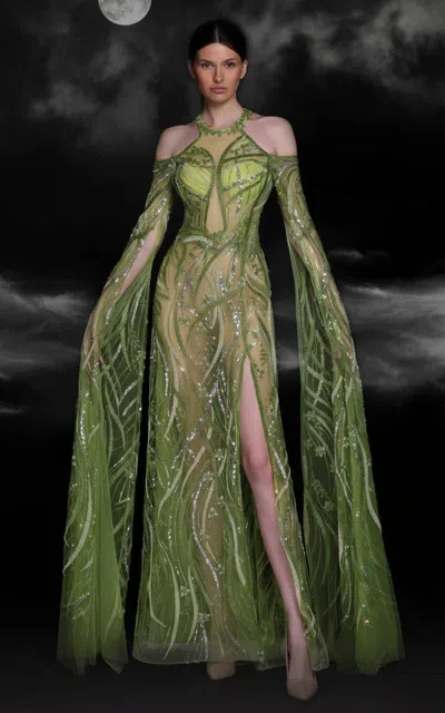 Mnm Couture K4109 Prom Beaded Sequin Long Formal Slit Cape Dress In Green