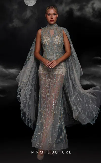 Mnm Couture K4119 Fitted Long Formal Beaded Cape Evening Prom Dress In Gray