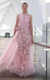 Mnm Couture K4128 Beaded Long Formal 3d Floral Applique Overskirt Prom Dress In Pink
