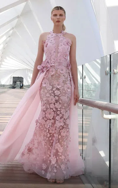 Mnm Couture K4128 Beaded Long Formal 3d Floral Applique Overskirt Prom Dress In Pink