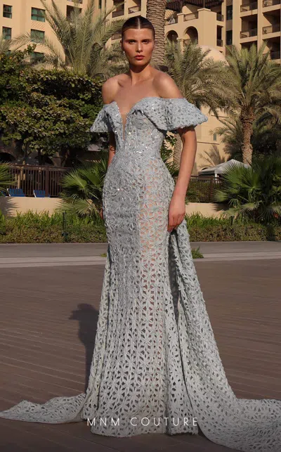 Mnm Couture K4133 Beaded Long Formal Lace Evening Prom Dress In Gray