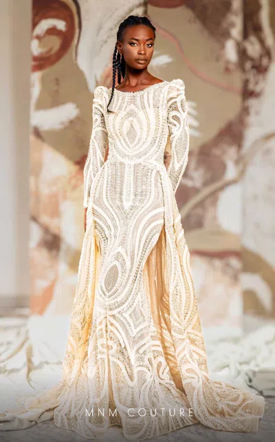 Mnm Couture K4148 Long Puff Sleeve A Line Formal Beaded Overskirt Evening Dress In Gold