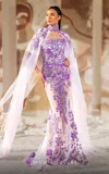 Mnm Couture K4179 Fitted Lace Applique Long Formal Beaded Prom Dress In Purple