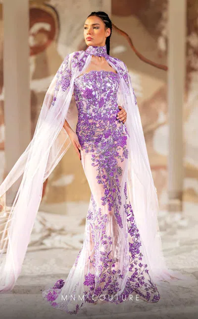 Mnm Couture K4179 Fitted Lace Applique Long Formal Beaded Prom Dress In Purple