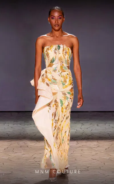 Mnm Couture K4190 Fitted Long Formal Beaded Sequin Ruffle Prom Dress In Neutral