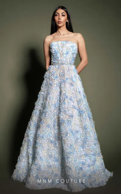 Mnm Couture K4197 Long Formal A Line Beaded Floral Applique Prom Dress In Blue