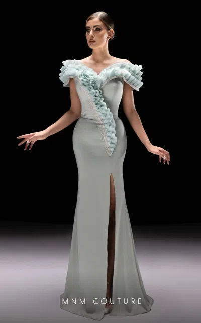 Mnm Couture K4228 Ruffle Beaded Long Formal Prom Dress In Blue