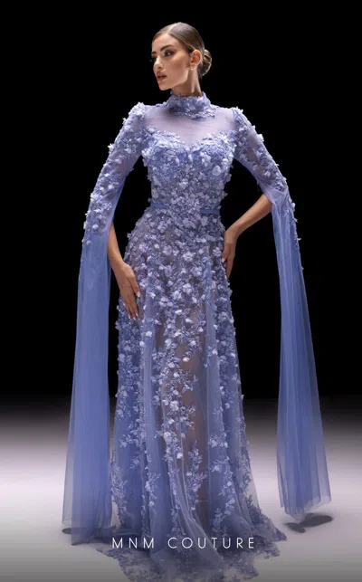 Mnm Couture K4236 Long Formal Beaded Applique Evening Dress In Blue