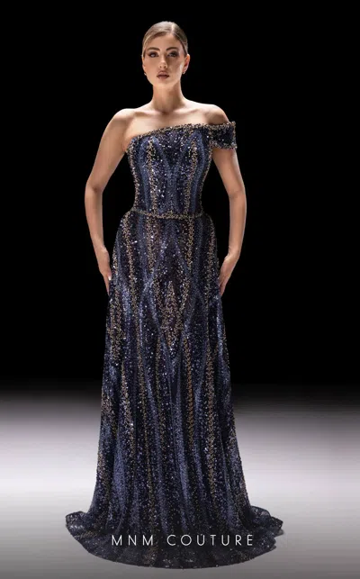 Mnm Couture K4240 Long Formal Beaded Sequin Prom Dress In Blue