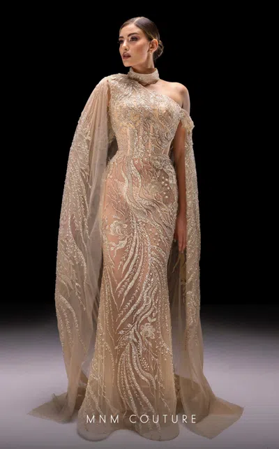 Mnm Couture K4241 Beaded Long Formal Sequin Cape Dress In Neutral