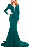 Mnm Couture Long Sleeve Gown With Train In Emerald