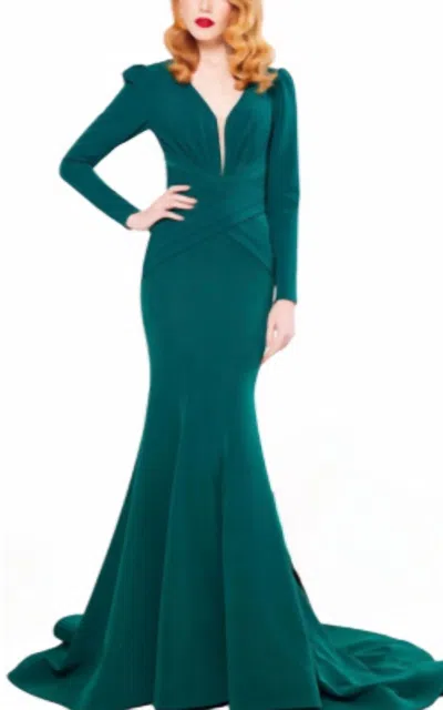 Mnm Couture Long Sleeve Gown With Train In Emerald In Green