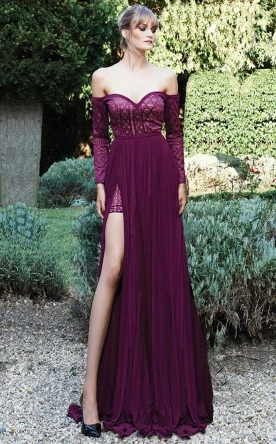 Mnm Couture N0117 Long Pattern Slit Formal Evening Dress In Purple