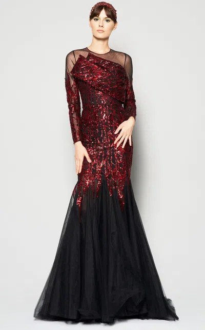 Mnm Couture N0362 Long Sleeve Formal Sequin Mermaid Dress In Red
