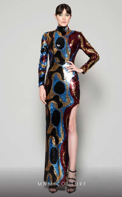 Mnm Couture N0409 Fitted Long Sleeve Formal Sequin Evening Dress In Multi