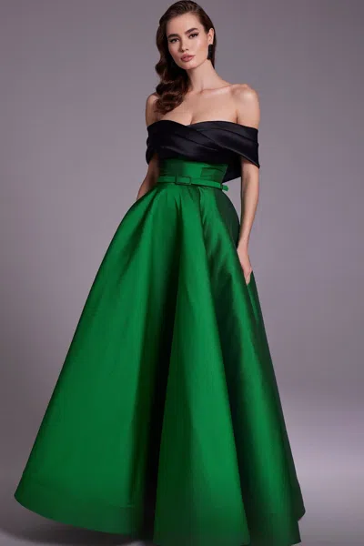 Mnm Couture Off Shoulder Banded Sleeve A-line Gown In Green