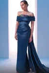 Mnm Couture Off Shoulder Column Gown With Side Drape In Blue