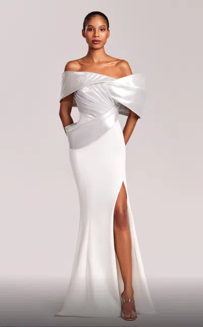 Mnm Couture Off Shoulder Gown With Metallic Draping In Multi