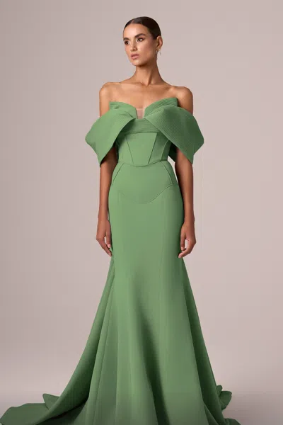 Mnm Couture Off-the-shoulder Flared Gown In Green