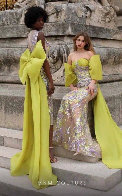 Mnm Couture Organza Embroidered Fitted Gown In Multi